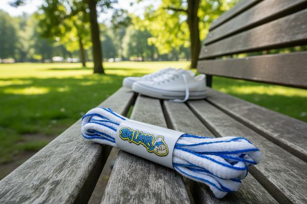 a pair of oval white and electric blue shoelaces for running shoes