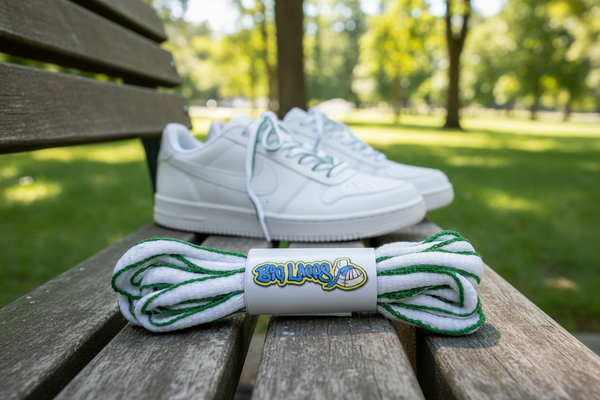 a pair of oval white and kelly green shoelaces for running shoes
