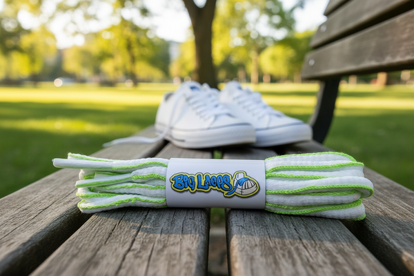 a pair of oval white and neon green shoelaces for running shoes