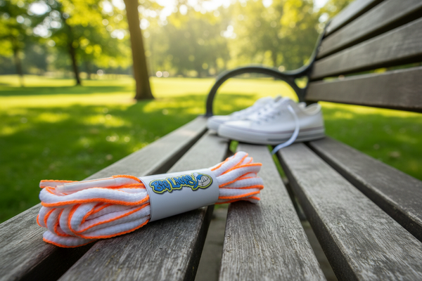 a pair of oval white and neon orange shoelaces for running shoes
