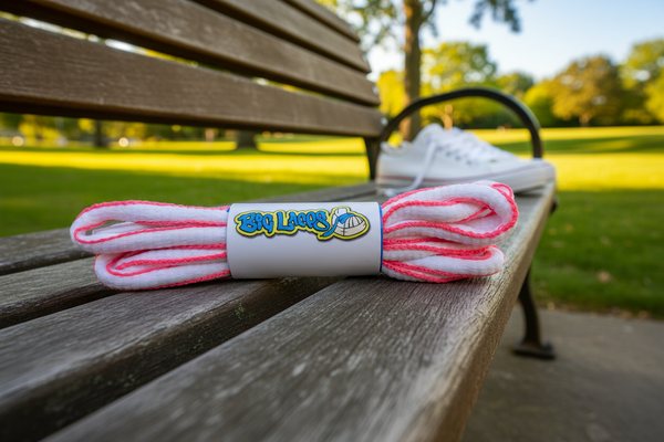 a pair of oval white and neon pink shoelaces for running shoes