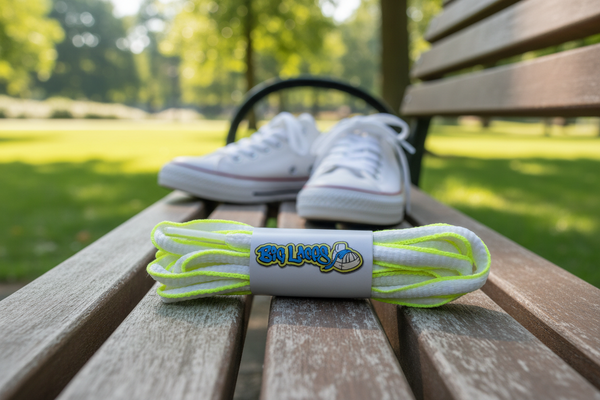 a pair of oval white and neon yellow shoelaces for running shoes
