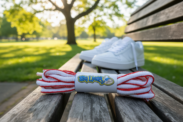 a pair of oval white and red shoelaces for running shoes