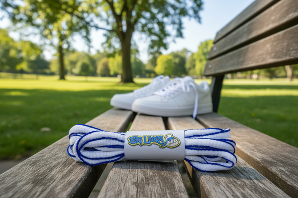 a pair of oval white and royal blue shoelaces for running shoes