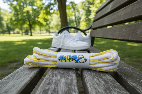 a pair of oval white and yellow shoelaces for running shoes