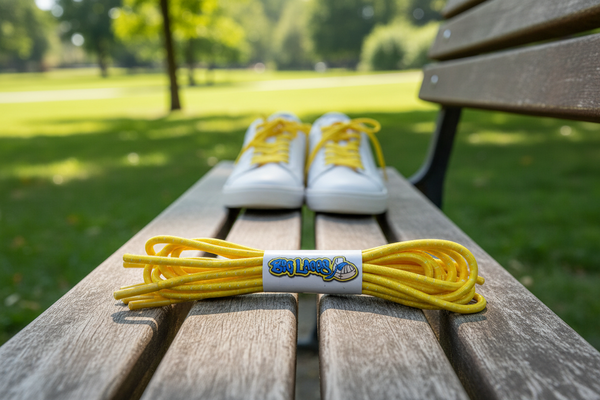 a pair of yellow with white fleck elastic lock shoelaces