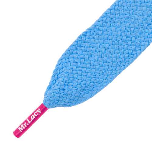 Mr Lacy Fatties - Wide Flat Mellow Blue Shoelaces with Neon Pink Tip