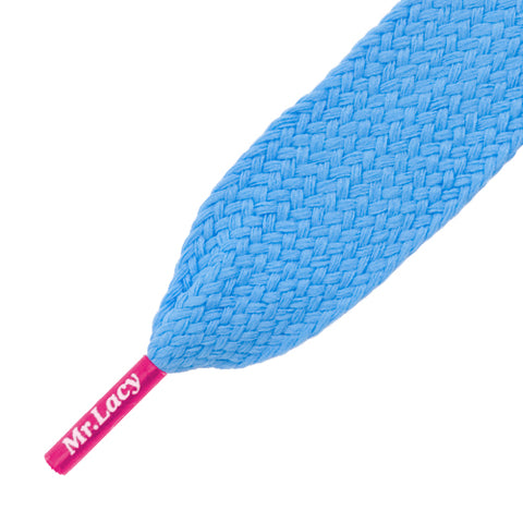 Mr Lacy Fatties - Wide Flat Mellow Blue Shoelaces with Neon Pink Tip