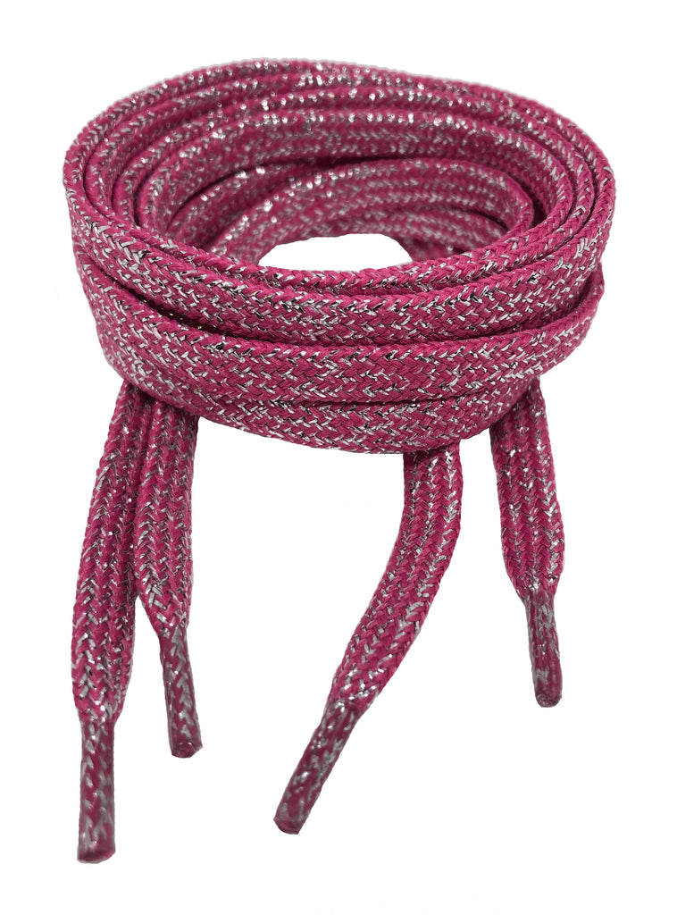 Flat Patterned Shiny Lurex Shoelaces Dark Pink Silver - 8mm wide