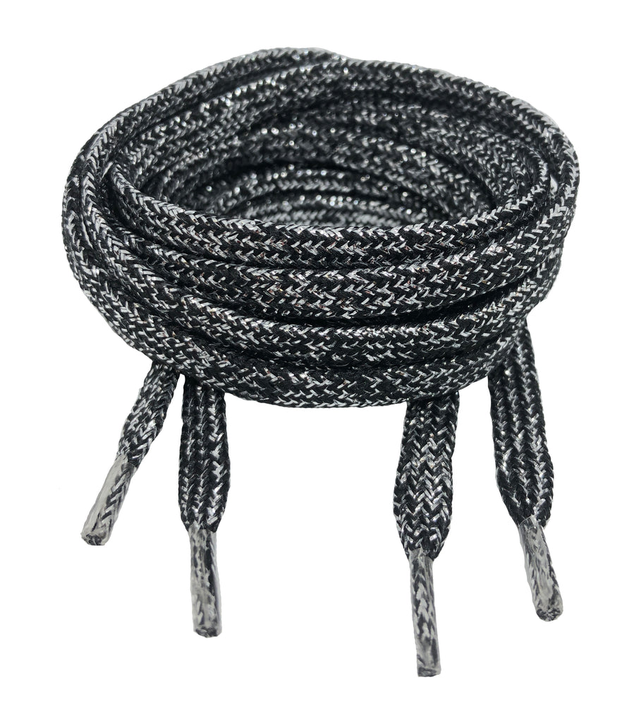Flat Patterned Shiny Lurex Shoelaces Black Silver - 8mm wide