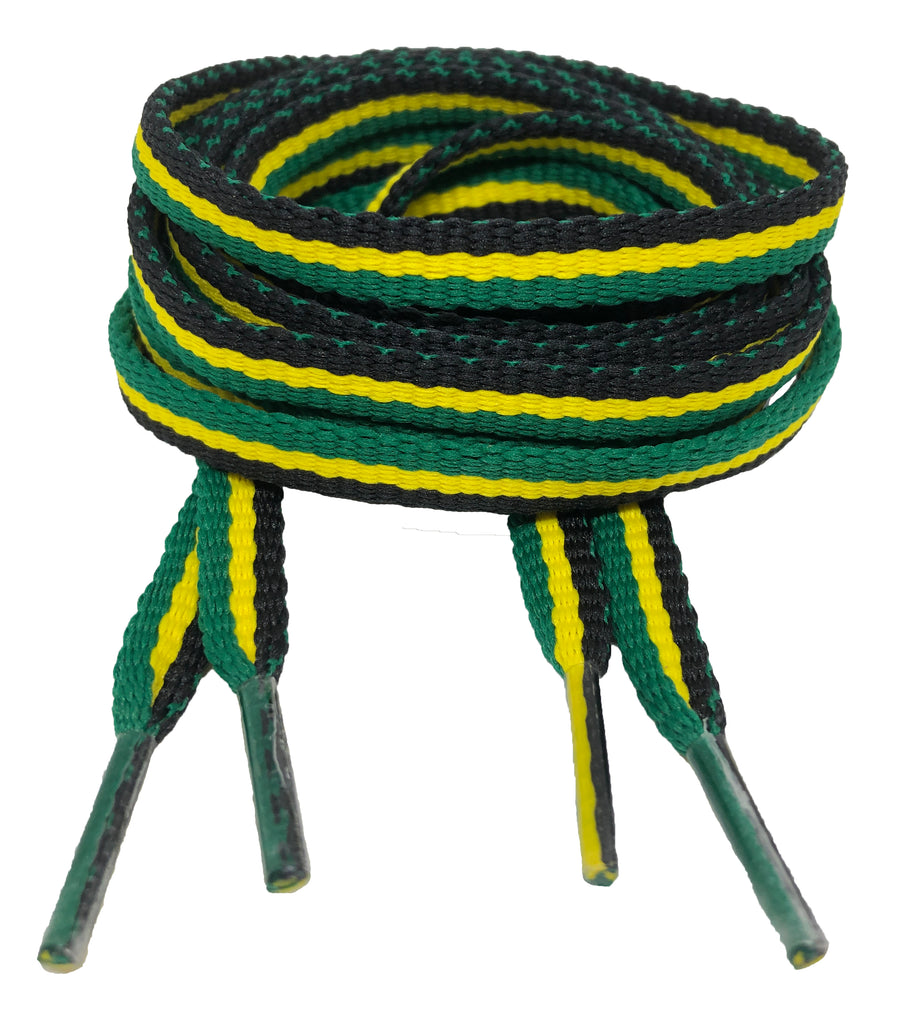 Flat Padded Striped Shoelaces Black Yellow Green - 8mm wide
