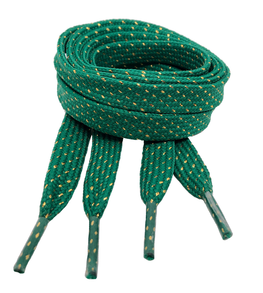 Flat Patterned Glitter Strong Shoelaces Green - 13mm wide