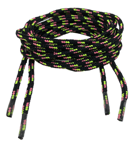 Round Patterned Strong Shoelaces/Bootlaces Black Neon Yellow Pink - 4mm wide