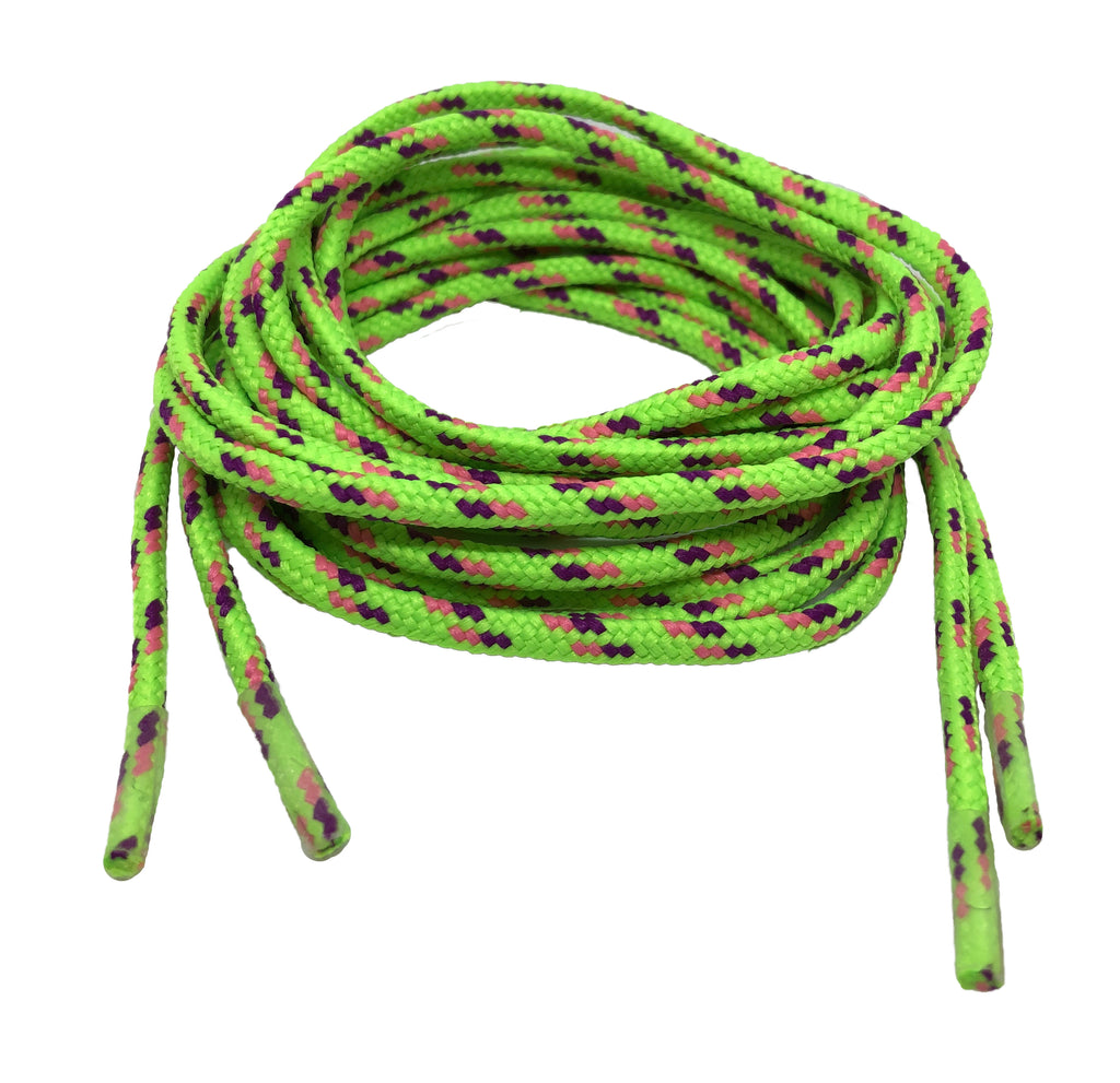 Round Patterned Strong Shoelaces/Bootlaces Neon Green Purple Neon Pink - 4mm wide